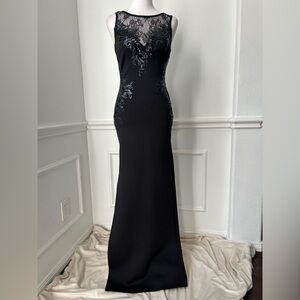 Lipsy London Black Maxi Bodycon Dress with Sequins and Lace Detail, Size 2